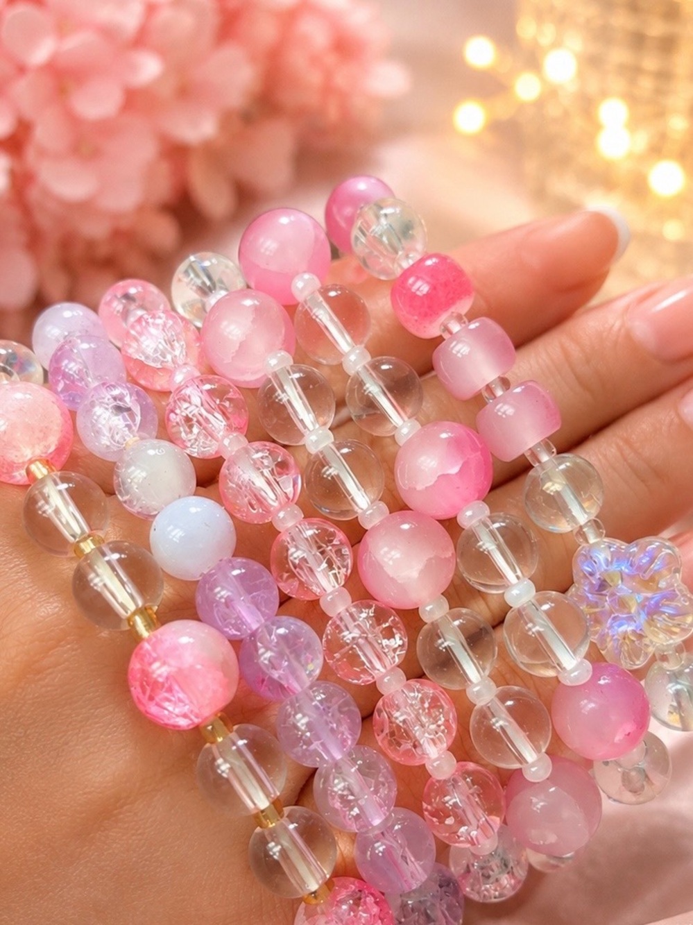 6 pieces of pink glass stretch bracelet set